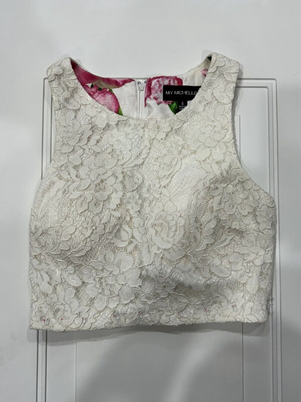My Michelle Womens Juniors Sz 5 Lace Crop Top Floral Sleeveless White Lined Zip